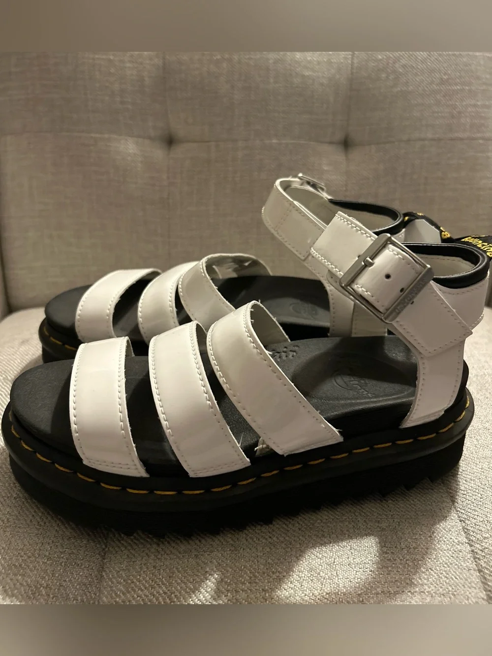 Dr. Martens White Strappy Patent Leather Blaire Platform Sandals, Size 6/EU 37